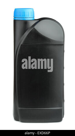 Black plastic bottle of engine oil isolated on white Stock Photo
