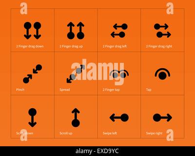 Set of multitouch gestures icons on orange background. Stock Vector