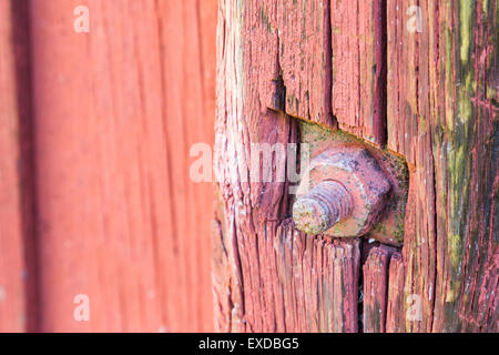 An Old Rusty Bolt in Red Worn Timber Log Stock Photo