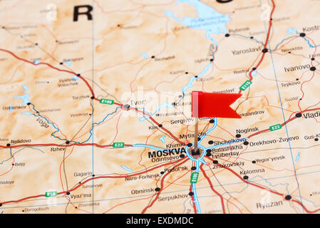 Moscow pinned on a map of europe Stock Photo