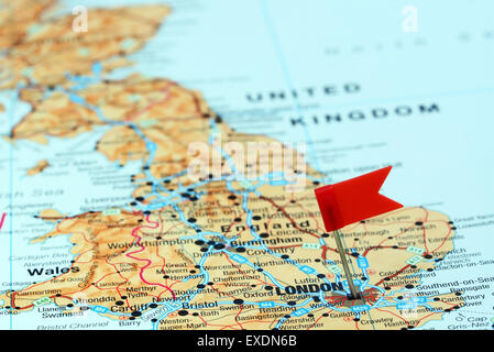 London pinned on a map of europe Stock Photo