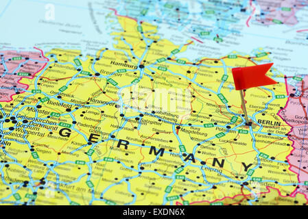 Berlin pinned on a map of europe Stock Photo