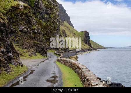 Passing place on narrow winding single track coast road B8035 below cliffs south side of Loch Na Keal Isle of Mull Scotland UK Stock Photo