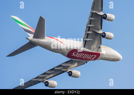 Emirates Airbus A380 plane turning as it departs Heathrow airport Stock Photo