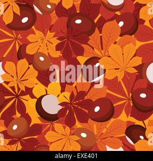 Seamless pattern with autumn chestnut leaves and chestnuts. Vector illustration. Stock Vector