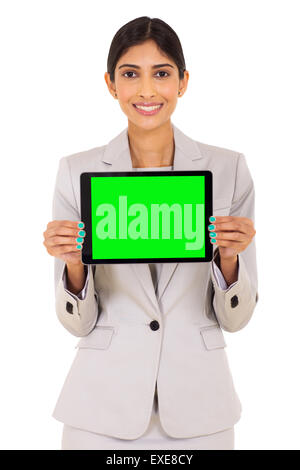 smiling businesswoman presenting tablet computer screen on white background Stock Photo