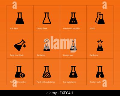 Pharmacy flask icons on orange background. Stock Vector
