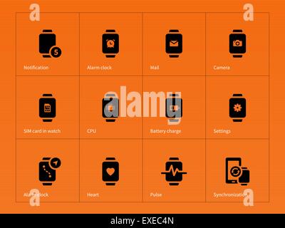 SIM card and CPU in watch icons on orange background. Stock Vector