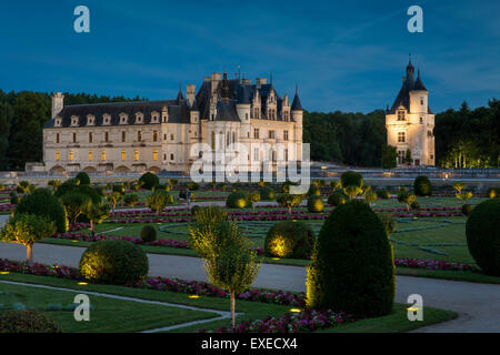 Lighted Garden of Diane de Poitiers and Chateau de Chenonceau in the Loire Valley, Centre France Stock Photo