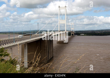The old 1960s Severn bridge crossing between Aust and Beachley, Gloucestershire, England, UK looking west Stock Photo