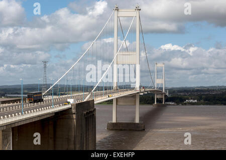The old 1960s Severn bridge crossing between Aust and Beachley, Gloucestershire, England, UK looking west Stock Photo