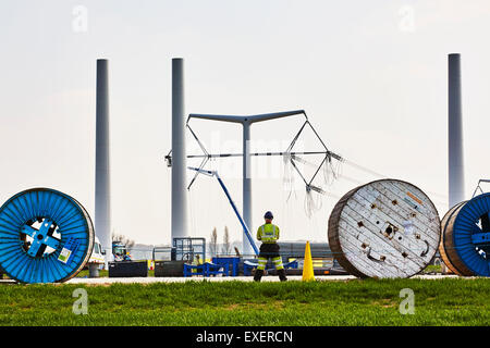 Construction of T-Pylons at National Grids training centre in Eakring, Nottinghamshire, England. Stock Photo