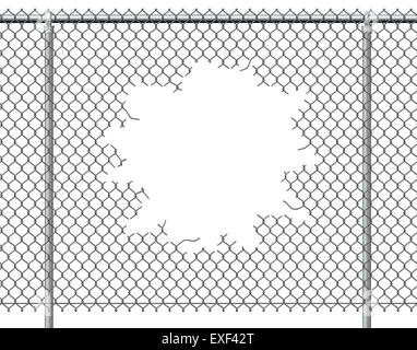 Chain link fence hole with blank copy space isolated on a white background burst with ripped chainlink metal wire that has been Stock Photo