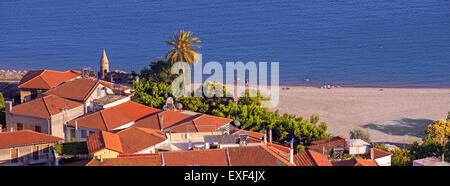 A close view to Nafpaktos old town and Psani beach staring the Corinthian gulf in Aetoloacarnania region,  Sterea Ellada, Greece Stock Photo