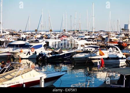 Marina Santa Eulalia Del Rio Ibiza boat yard boats yachts moored in port Spain Spanish island resort Stock Photo