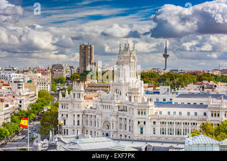 Madrid, Spain cityscape with Communication Palace and Torrespana Tower. Stock Photo