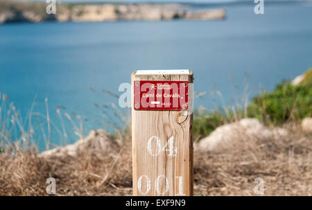 Cami de Cavalls bridal path wooden marker post on the island of Menorca Spain Stock Photo