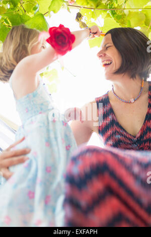 Daughter combing mother's hair Stock Photo