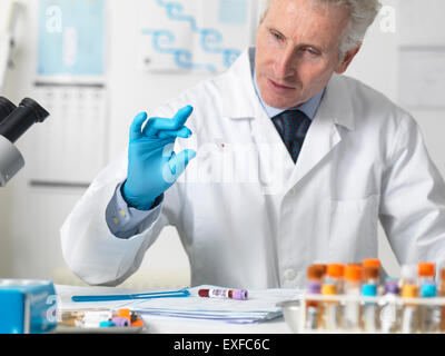 Doctor viewing patients blood slide under microscope with other samples for testing Stock Photo