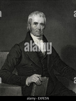 Antique c1860 engraving, John Marshall LL.D. John Marshall (1755-1835) was the fourth Chief Justice of the Supreme Court of the United States (1801Ð1835). His court opinions helped lay the basis for United States constitutional law and made the Supreme Court of the United States a coequal branch of government along with the legislative and executive branches. Previously, Marshall had been a leader of the Federalist Party in Virginia and served in the United States House of Representatives from 1799 to 1800. He was Secretary of State under President John Adams from 1800 to 1801. Stock Photo