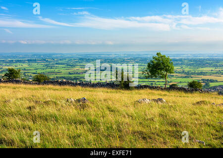 View over the Somerset Levels from the top of Cheddar Gorge in the Mendip Hills, near Cheddar, England. Stock Photo