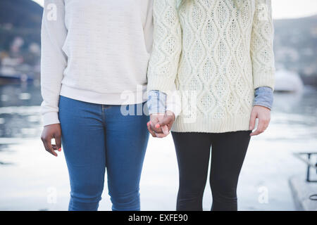 Cropped shot of two young female friends at lakeside, Lake Como, Italy Stock Photo
