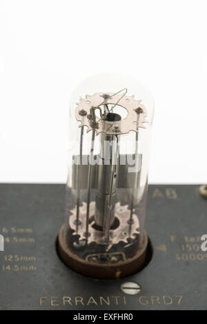 Ferranti testing valve 300v grid grd 7 an old type of vacuum tube anode cathode co axial guard rings and tungsten at HT electron Stock Photo