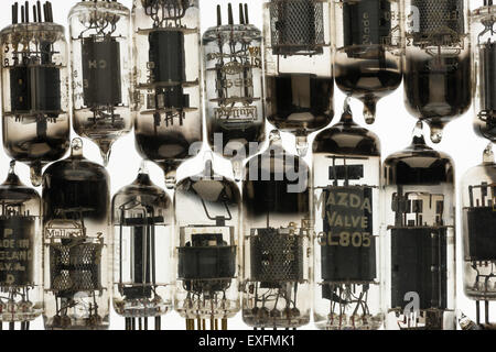 Collection of old used glass vacuum tubes used in radio and early tv crt amplifiers anode and cathode with filament collectors Stock Photo