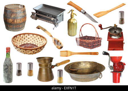 collection of vintage kitchen objects isolated over white background Stock Photo