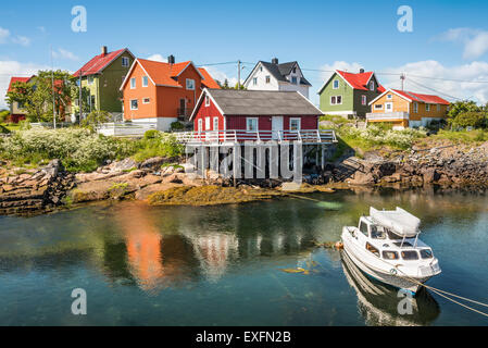Fishing village Henningsvaer in Lofoten islands, Norway with typical colorful wooden buildings Stock Photo
