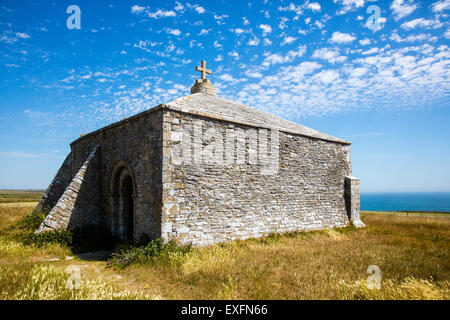 St Aldhelm's Chapel on St Alban's head high above the sea on the Dorset coast path Stock Photo