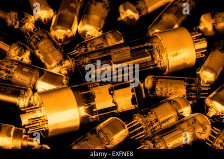collection of old radio and TV valves used for communication from the golden days of electronics pre digital anode cathode Stock Photo
