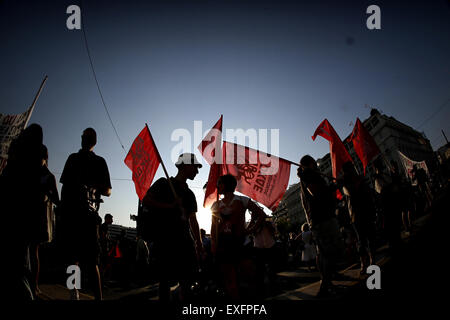 Athens, Greece. 13th July, 2015. People participate in an anti-austerity rally in front of the Greek parliament in Athens, Greece, on July 13, 2015. © Marios Lolos/Xinhua/Alamy Live News Stock Photo