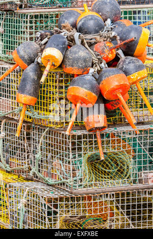 Stacked lobster traps and buoys on a pier in Maine. Stock Photo