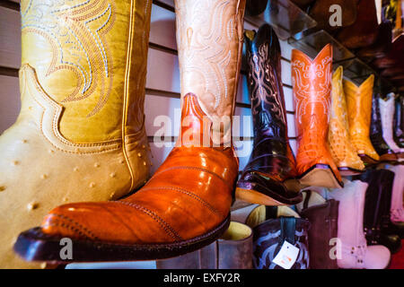 Mexican pointy boots, cowboy boots with elongated toes, on display at a store in Oaxaca Mexico Stock Photo