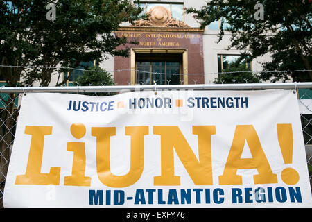A logo sign outside of the headquarters of the Laborers' International Union Of North America (LiUNA) labor union in Washington, Stock Photo