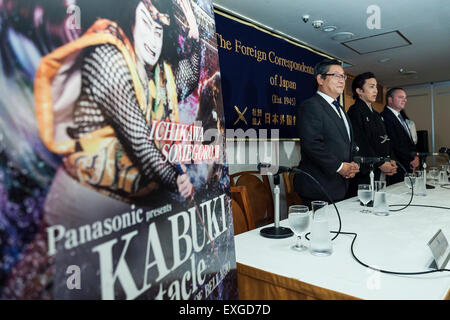 (L to R) Jay (Junichi) Sakamoto President and CEO of Shochiku Co., Ltd., Ichikawa Somegoro (the 7th) Kabuki actor, and Ed Bowers representative Officer and CEO of MGM Resorts Japan, LLC, attend a press conference to announce the ''Japan KABUKI Festival in Las Vegas 2015-2016'' at the Foreign Correspondents' Club of Japan on July 14, 2015, Tokyo, Japan. The festival will open with 3 nights of Ichikawa Somegoro (the 7th) performing the Kabuki classic ''Koi-Tsukami'' or ''Fight With A Carp'' at the fountains of Bellagio Hotel from August 14th to 16th. According to organizers some Japanese fans ha Stock Photo