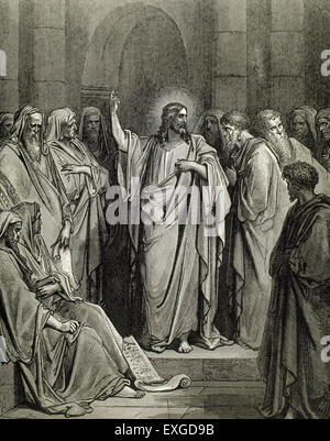 Jesus in the Synagogue. Gospel of Saint Luke. Chapter 4. Verses 16 to 21. Engraving by Gustave Dore (1832-1883). Stock Photo