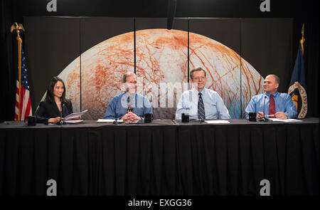From left to right: Felicia Chou, public affairs officer, NASA; John Grunsfeld, associate administrator for the Science Mission Directorate, NASA; Jim Green, director, Planetary Science Division, NASA; and Curt Niebur, Europa program scientist, NASA, are seen here following a panel discussion about the instruments selected to investigate Jupiter's moon, Europa, Tuesday, May 26, 2015 at NASA Headquarters in Washington, DC. In July 2014, NASA officials requested proposals for instruments that would fly onboard a spacecraft conducting approximately 45 flybys of Europa over a 3-4 year period. Laun