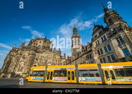 Street scene with yellow tram at The Theaterplatz of the Altstadt in Dresden, Saxony,Germany, Europe Stock Photo
