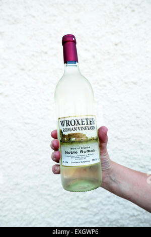 A hand holding a bottle of Wroxeter Roman Vineyard British wine English wines from grapes grown in England UK  KATHY DEWITT Stock Photo