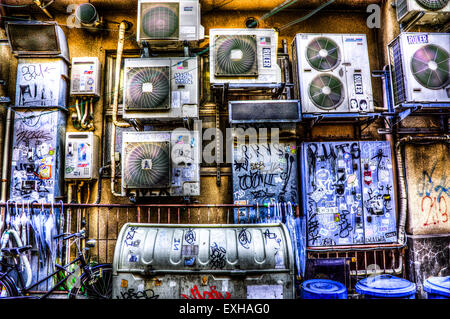 Outdoor unit for air conditioner, around Koenji Station,Suginami-Ku,Tokyo,Japan Stock Photo