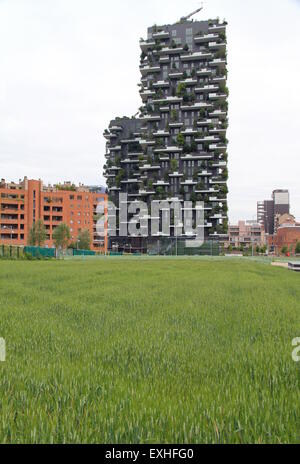 Bosco Verticale buildings and wheat field in Milan, Italy Stock Photo