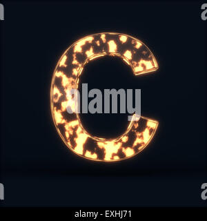 3d render of glass glowing fire letter C symbol on the dark background Stock Photo