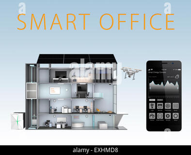 Smart office and smartphone isolated on blue background. The smart office's energy support by solar panel,  battery  system. Stock Photo