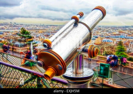 Digitally created image of a telescope looking out from the Scare Coeur over Paris. Stock Photo
