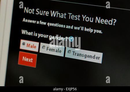 Gender selection of male, female, and transgender, on HIV / STD testing information on Centers for Disease Control - USA Stock Photo