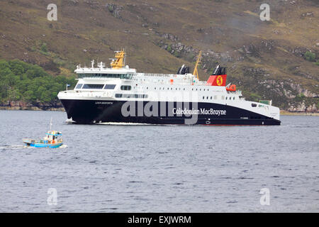 Calmac ferry, MV Loch Seaforth, sailing up Loch Broom, Scottish Highlands Stock Photo