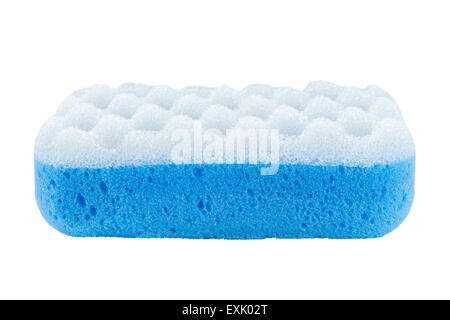 Side view of a blue bath sponge, isolated on white background Stock Photo