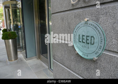 LEED gold rating sign for environmental efficiency on apartment building in NYC, Battery Park City Stock Photo